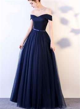 Picture of Charming Navy Blue Tulle A-line Prom Dresses , Off Shoulder Bridesmaid Dresses